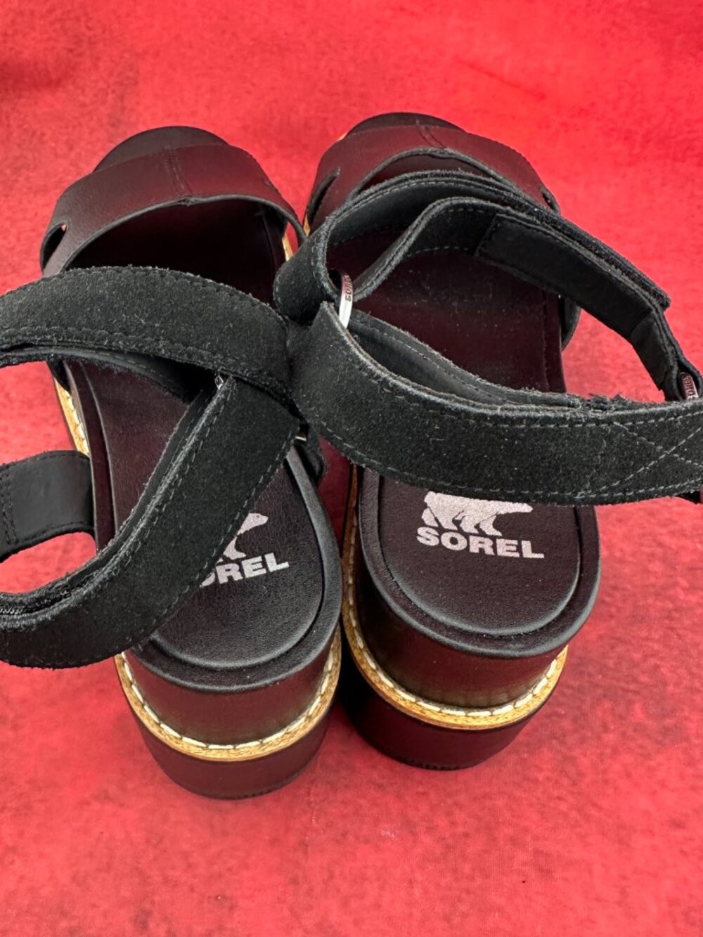 SOREL WOMEN'S BLACK LEATHER PLATFORM SANDALS HOOK & LOOP ANKLE STRAPS SIZE 9 - Picture 4 of 8